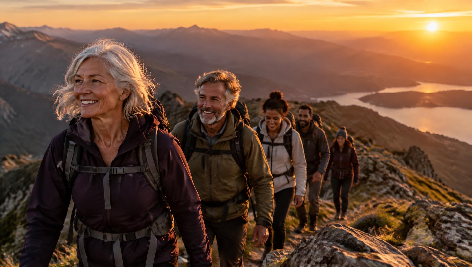 Adults of different ages hiking a mountain ridge at sunset